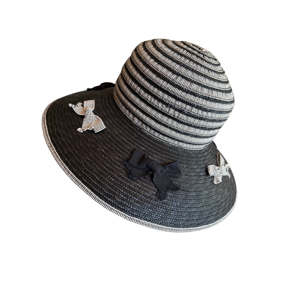Da‎ Me Natural Straw Sun Hat Black White Striped Wide Brim Bow Accents Italy